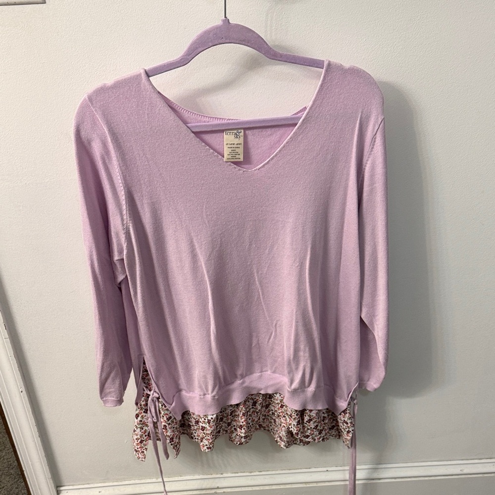 Lavender V-Neck Blouse with Floral Hem